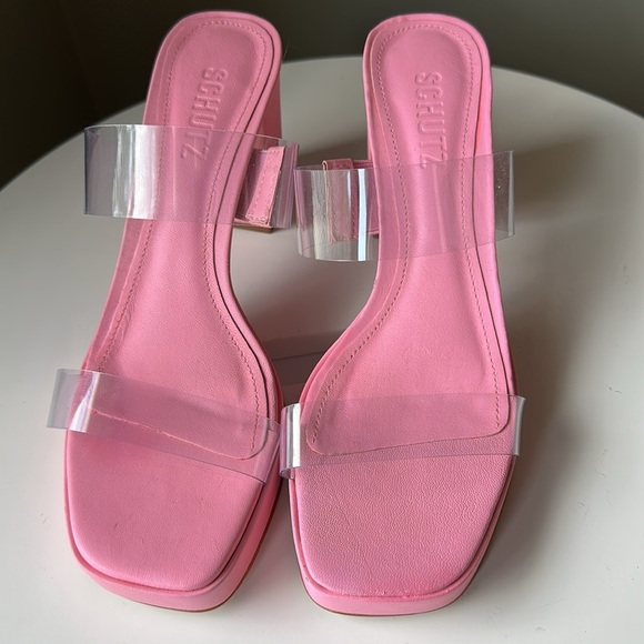 Schutz Ariella Pink Rosa PVC Block Heel Y2K Sandal Open Toe Clear Straps New - Picture 15 of 17